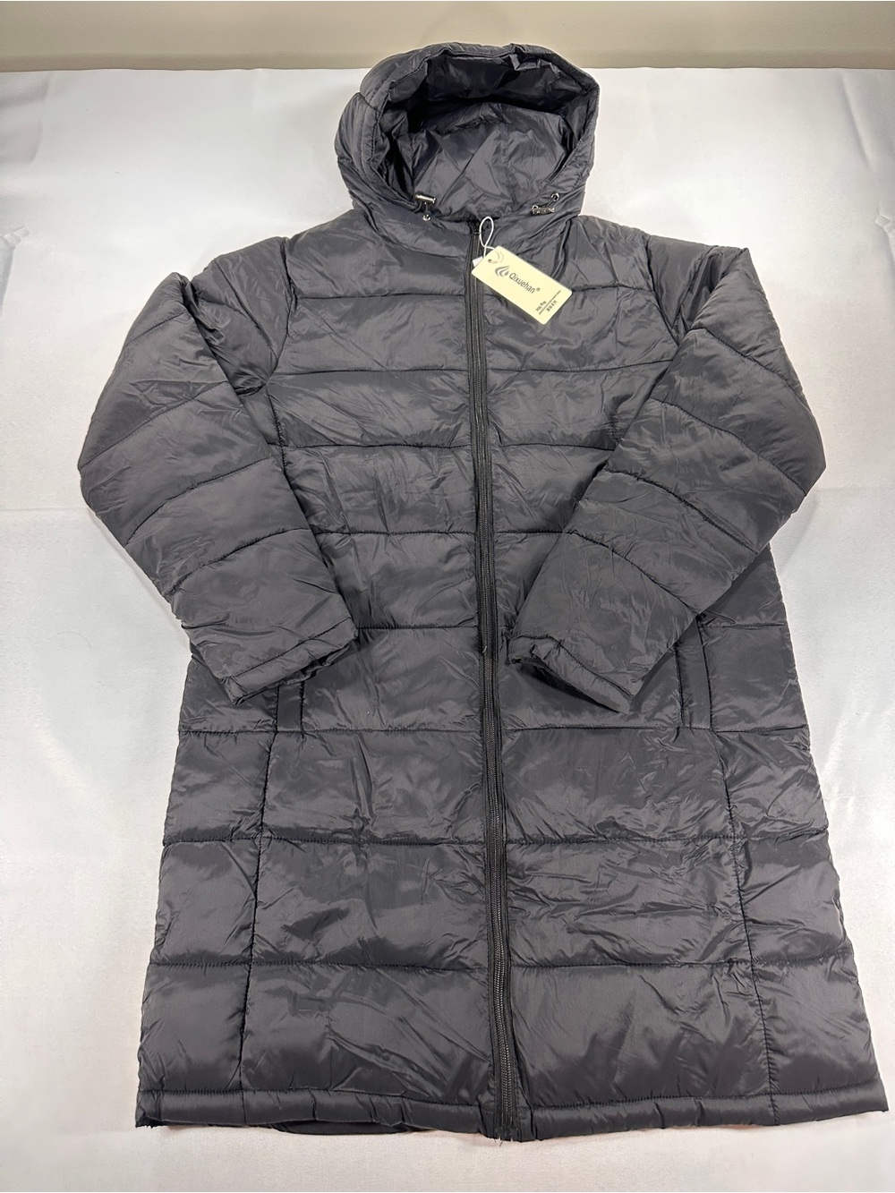 QixueHan Women’s Long Puffer Coat Black Hooded Size L NWT